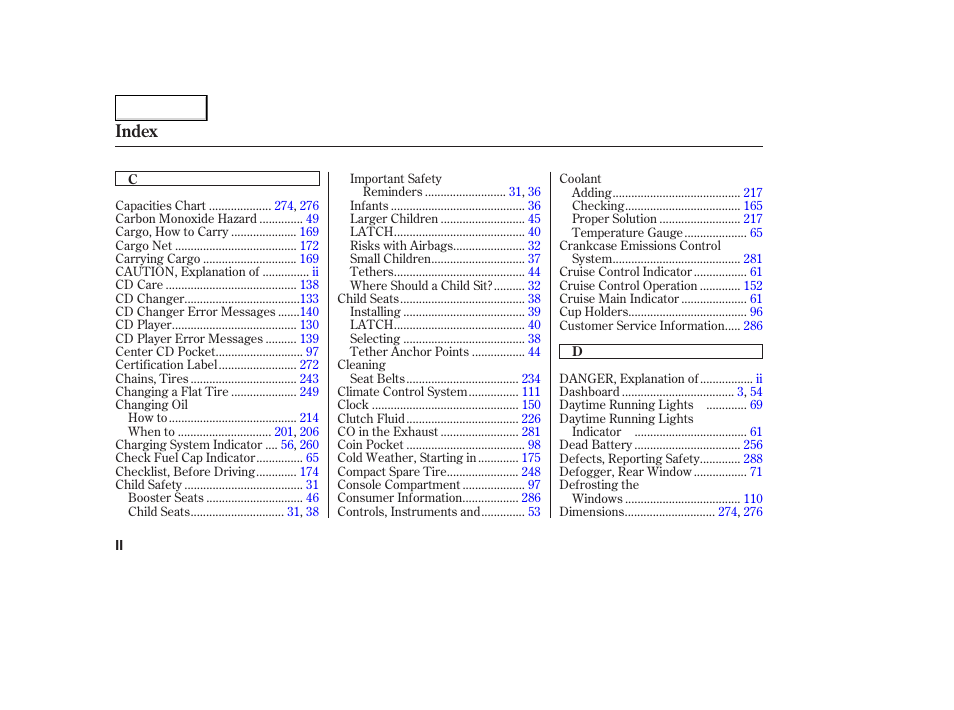 Index | HONDA 2005 Accord Coupe - Owner's Manual User Manual | Page 294 / 303