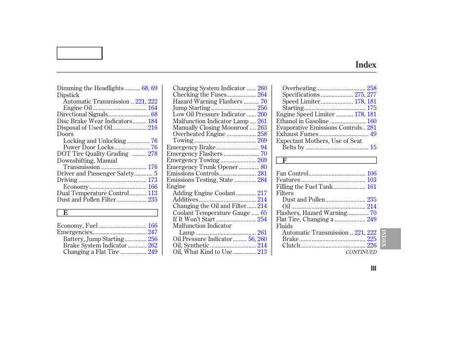 Index | HONDA 2005 Accord Coupe - Owner's Manual User Manual | Page 295 / 303