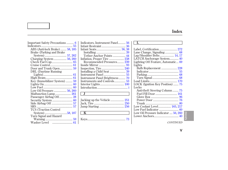 Index | HONDA 2005 Accord Coupe - Owner's Manual User Manual | Page 297 / 303