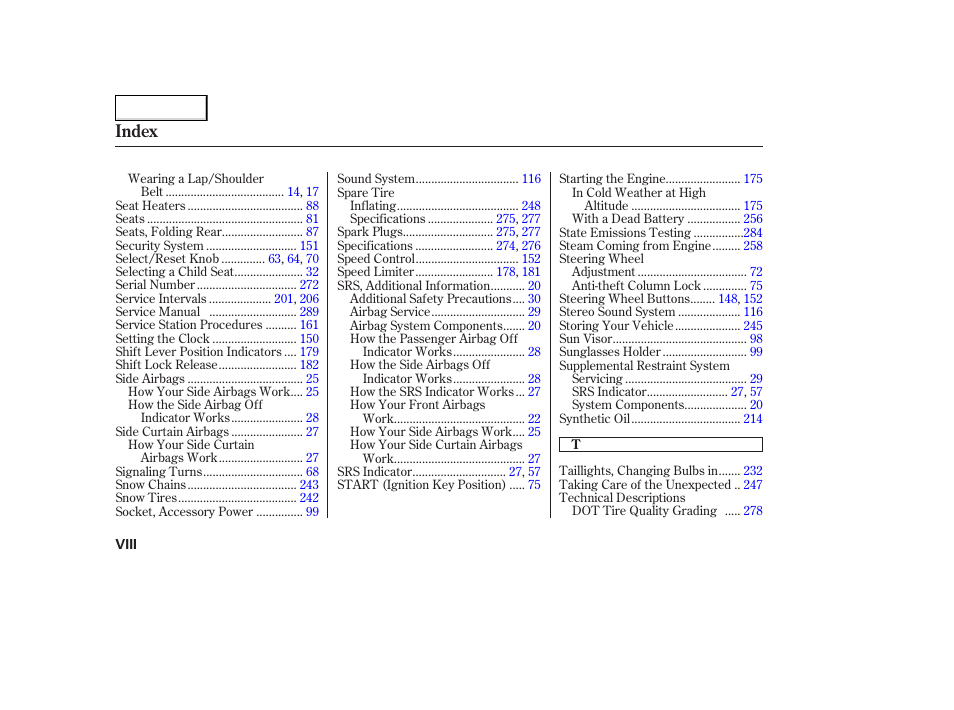 Index | HONDA 2005 Accord Coupe - Owner's Manual User Manual | Page 300 / 303