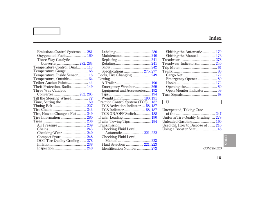Index | HONDA 2005 Accord Coupe - Owner's Manual User Manual | Page 301 / 303