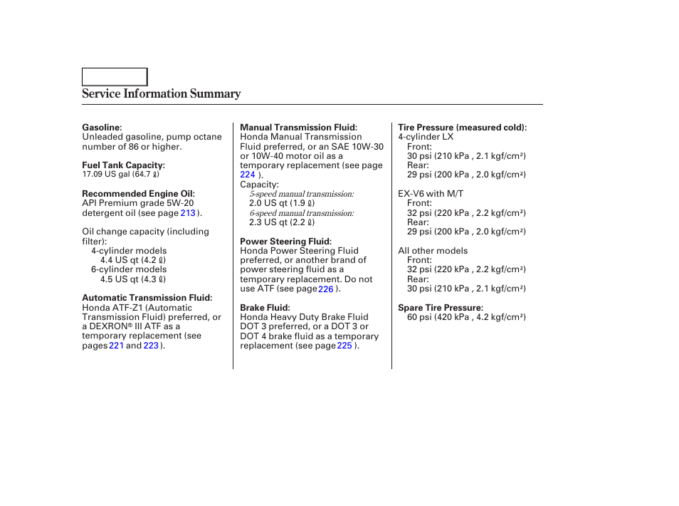 Service information summary | HONDA 2005 Accord Coupe - Owner's Manual User Manual | Page 303 / 303