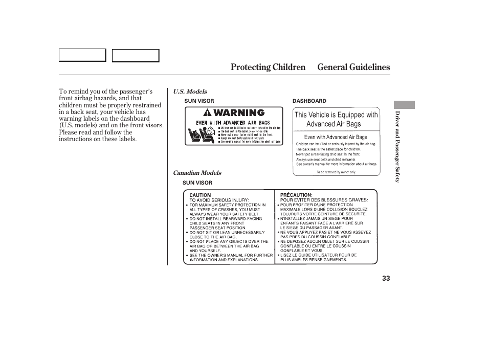 Protecting children general guidelines | HONDA 2005 Accord Coupe - Owner's Manual User Manual | Page 35 / 303