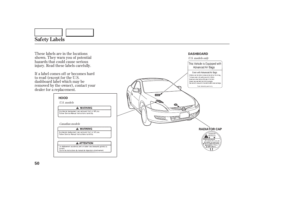 Safety labels | HONDA 2005 Accord Coupe - Owner's Manual User Manual | Page 52 / 303