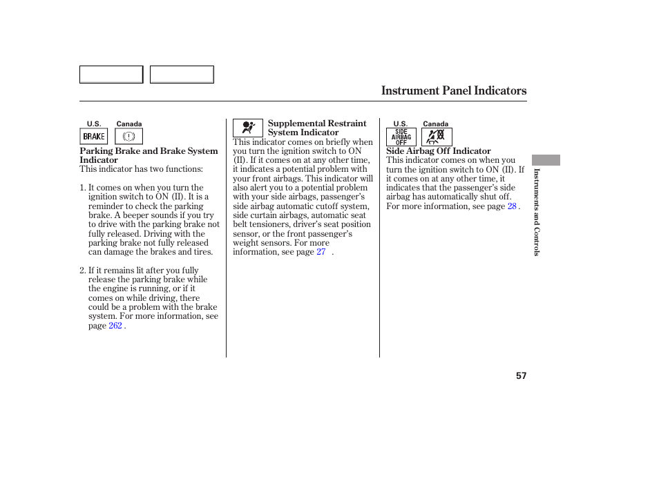 Instrument panel indicators | HONDA 2005 Accord Coupe - Owner's Manual User Manual | Page 59 / 303