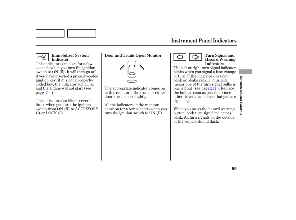 Instrument panel indicators | HONDA 2005 Accord Coupe - Owner's Manual User Manual | Page 61 / 303