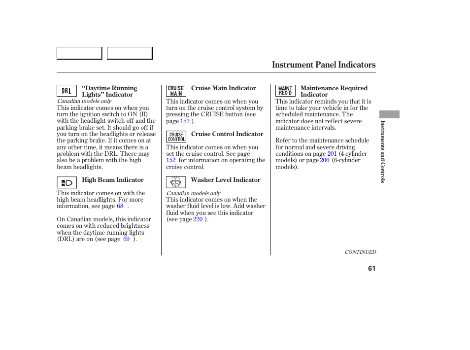 Instrument panel indicators | HONDA 2005 Accord Coupe - Owner's Manual User Manual | Page 63 / 303