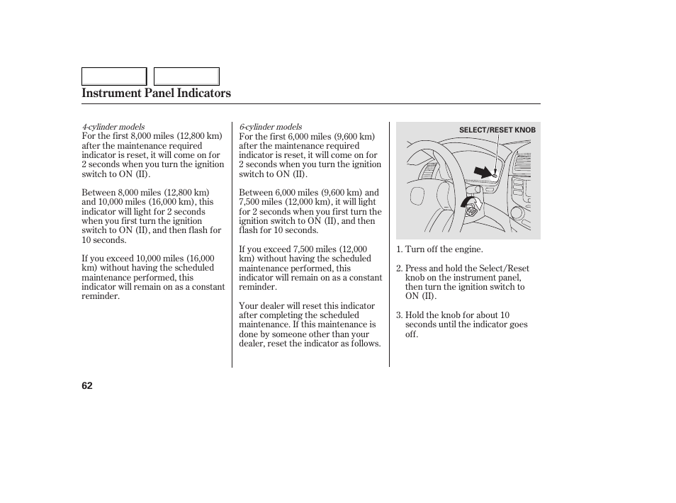 Instrument panel indicators | HONDA 2005 Accord Coupe - Owner's Manual User Manual | Page 64 / 303