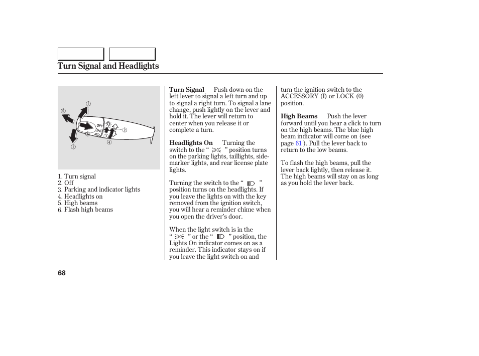 Turn signal and headlights | HONDA 2005 Accord Coupe - Owner's Manual User Manual | Page 70 / 303