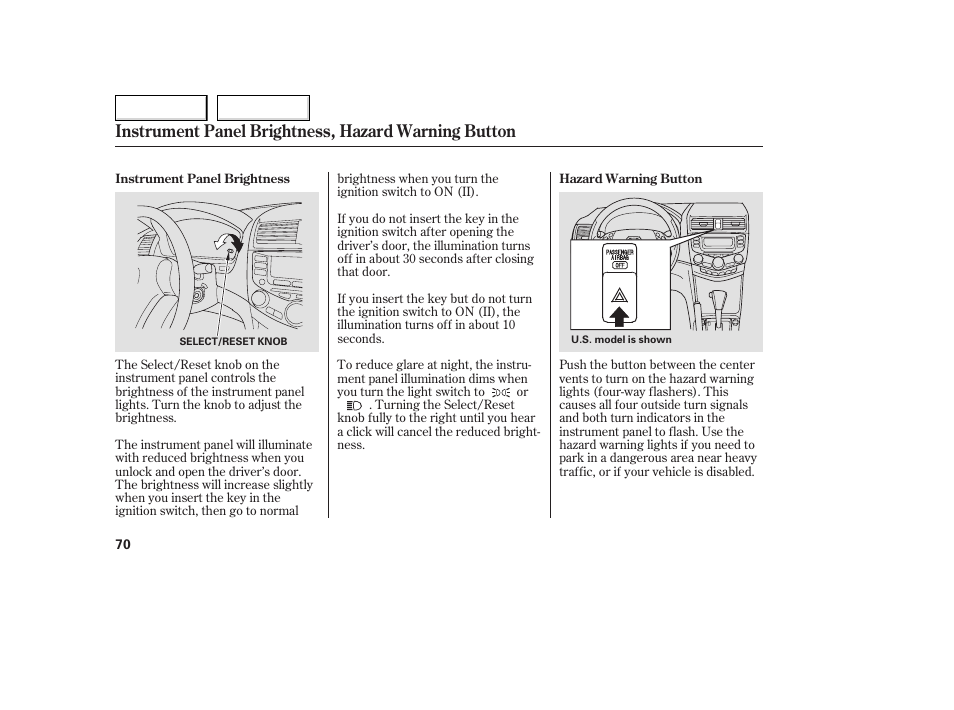 Instrument panel brightness, hazard warning button | HONDA 2005 Accord Coupe - Owner's Manual User Manual | Page 72 / 303