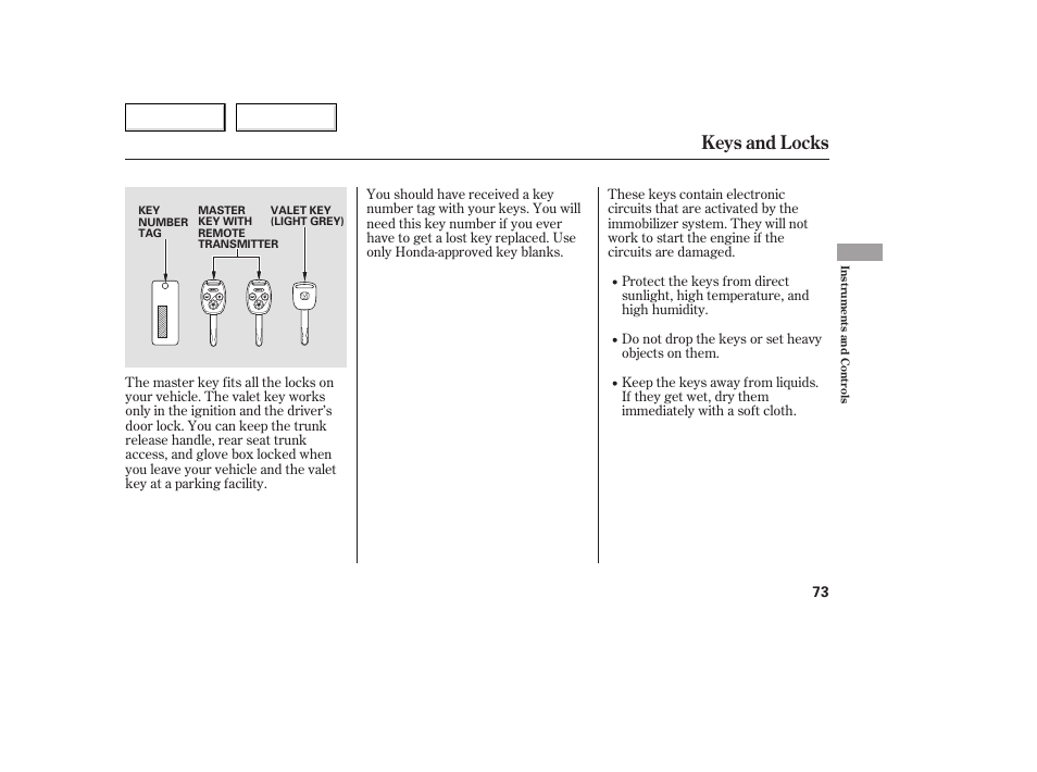 Keys and locks | HONDA 2005 Accord Coupe - Owner's Manual User Manual | Page 75 / 303