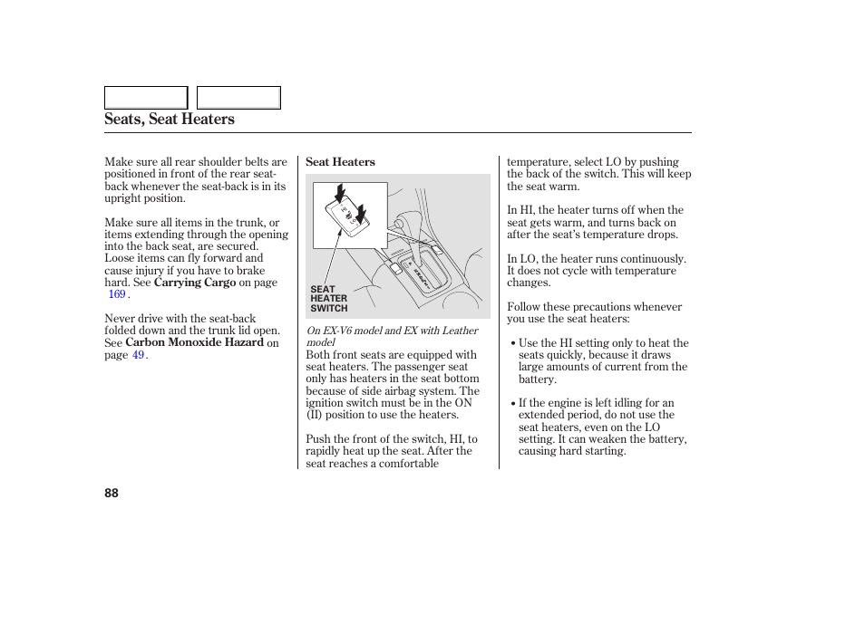 Seats, seat heaters | HONDA 2005 Accord Coupe - Owner's Manual User Manual | Page 90 / 303