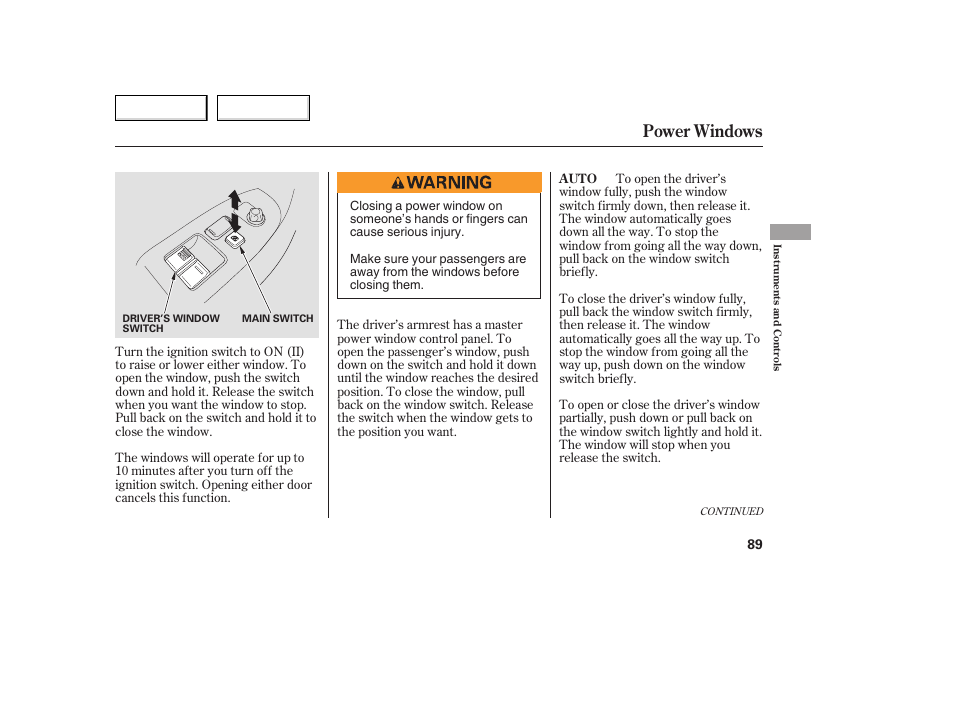 Power windows | HONDA 2005 Accord Coupe - Owner's Manual User Manual | Page 91 / 303