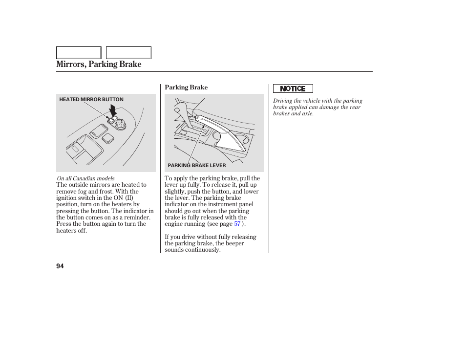 Mirrors, parking brake | HONDA 2005 Accord Coupe - Owner's Manual User Manual | Page 96 / 303