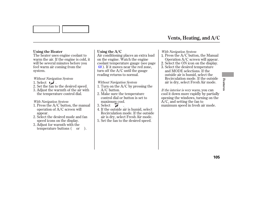 Vents, heating, and a/c | HONDA 2005 Accord Hybrid - Owner's Manual User Manual | Page 106 / 286