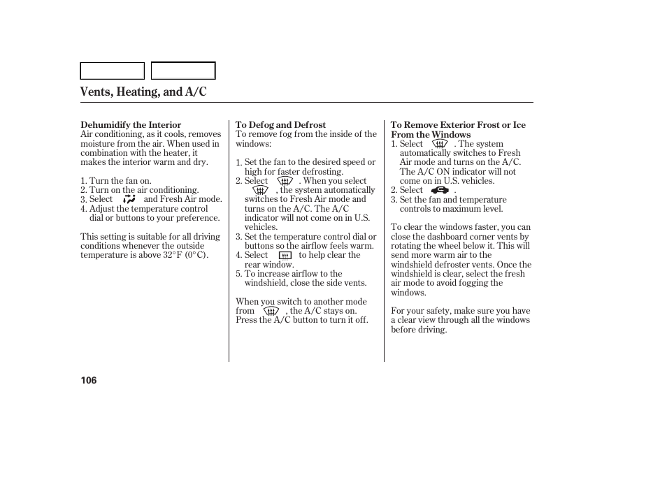 Vents, heating, and a/c | HONDA 2005 Accord Hybrid - Owner's Manual User Manual | Page 107 / 286