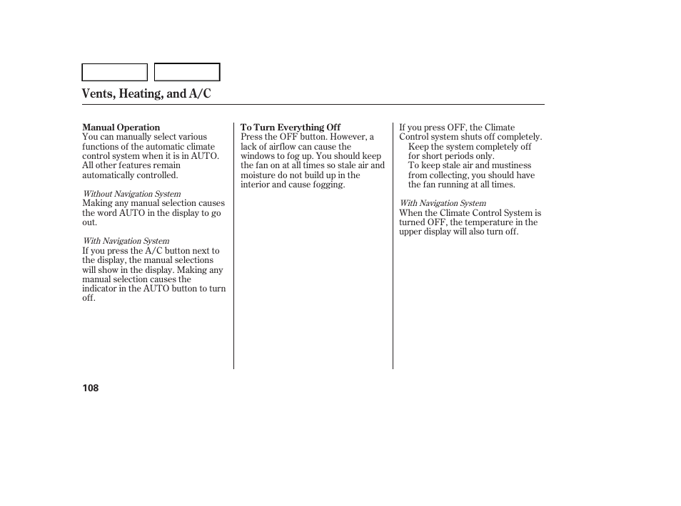 Vents, heating, and a/c | HONDA 2005 Accord Hybrid - Owner's Manual User Manual | Page 109 / 286