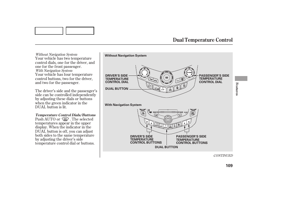 Dual temperature control | HONDA 2005 Accord Hybrid - Owner's Manual User Manual | Page 110 / 286