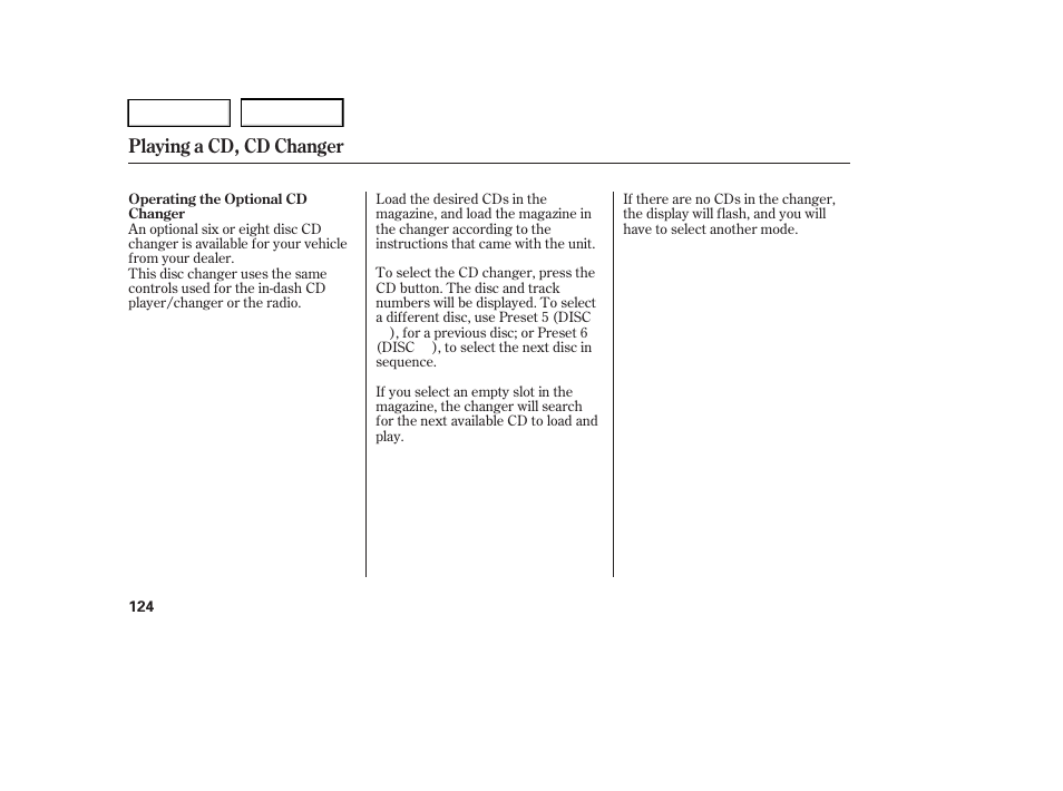Playing a cd, cd changer | HONDA 2005 Accord Hybrid - Owner's Manual User Manual | Page 125 / 286