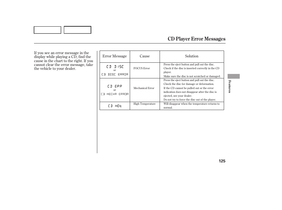 Cd player error messages | HONDA 2005 Accord Hybrid - Owner's Manual User Manual | Page 126 / 286