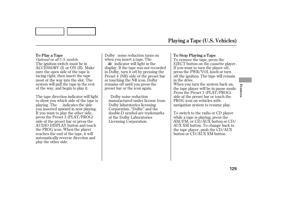 Playing a tape (u.s. vehicles) | HONDA 2005 Accord Hybrid - Owner's Manual User Manual | Page 130 / 286