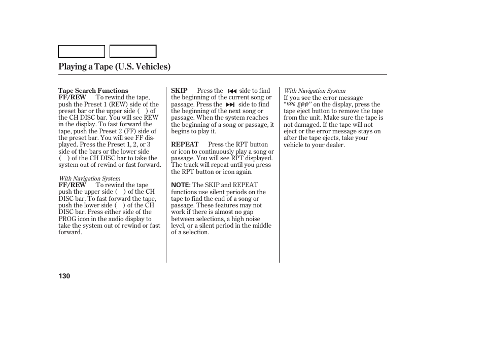 Playing a tape (u.s. vehicles) | HONDA 2005 Accord Hybrid - Owner's Manual User Manual | Page 131 / 286