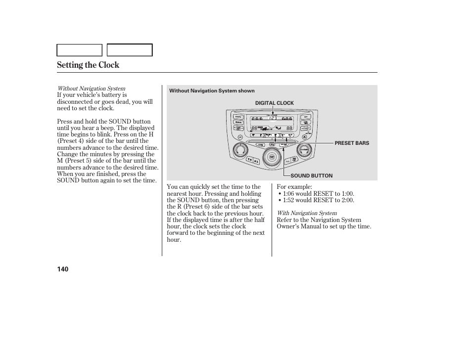 Setting the clock | HONDA 2005 Accord Hybrid - Owner's Manual User Manual | Page 141 / 286