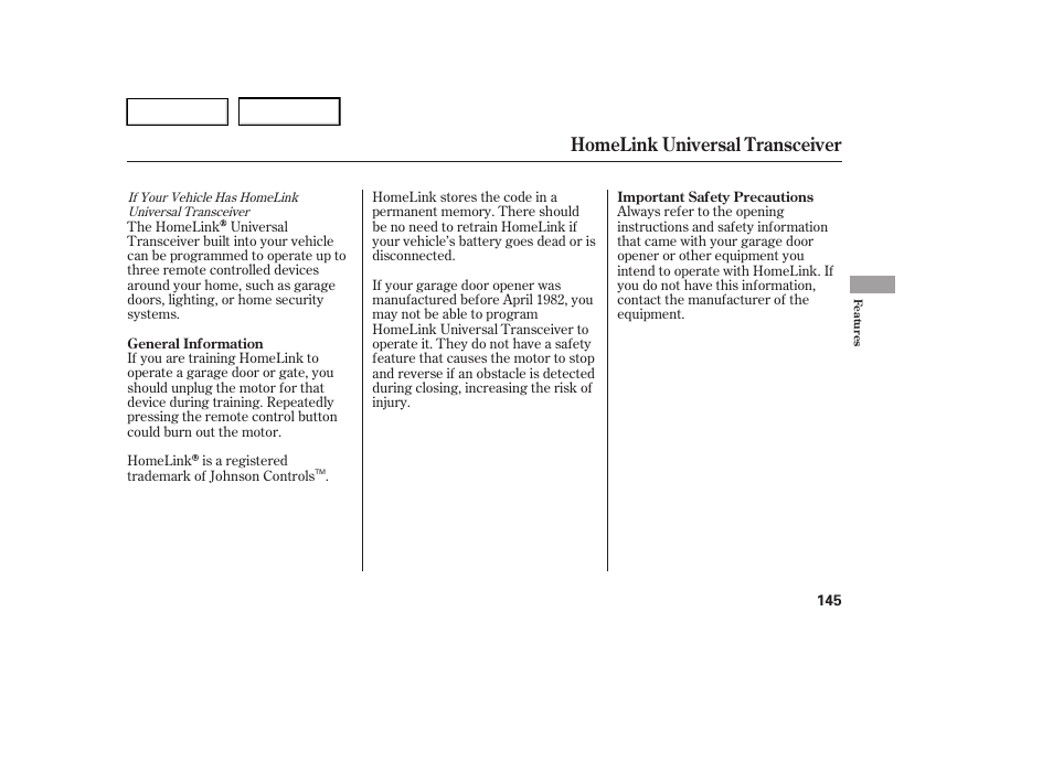 Homelink universal transceiver | HONDA 2005 Accord Hybrid - Owner's Manual User Manual | Page 146 / 286