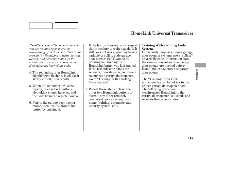 Homelink universal transceiver | HONDA 2005 Accord Hybrid - Owner's Manual User Manual | Page 148 / 286