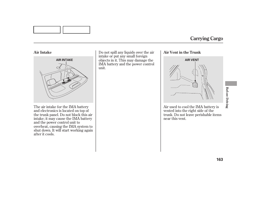 Carrying cargo | HONDA 2005 Accord Hybrid - Owner's Manual User Manual | Page 164 / 286