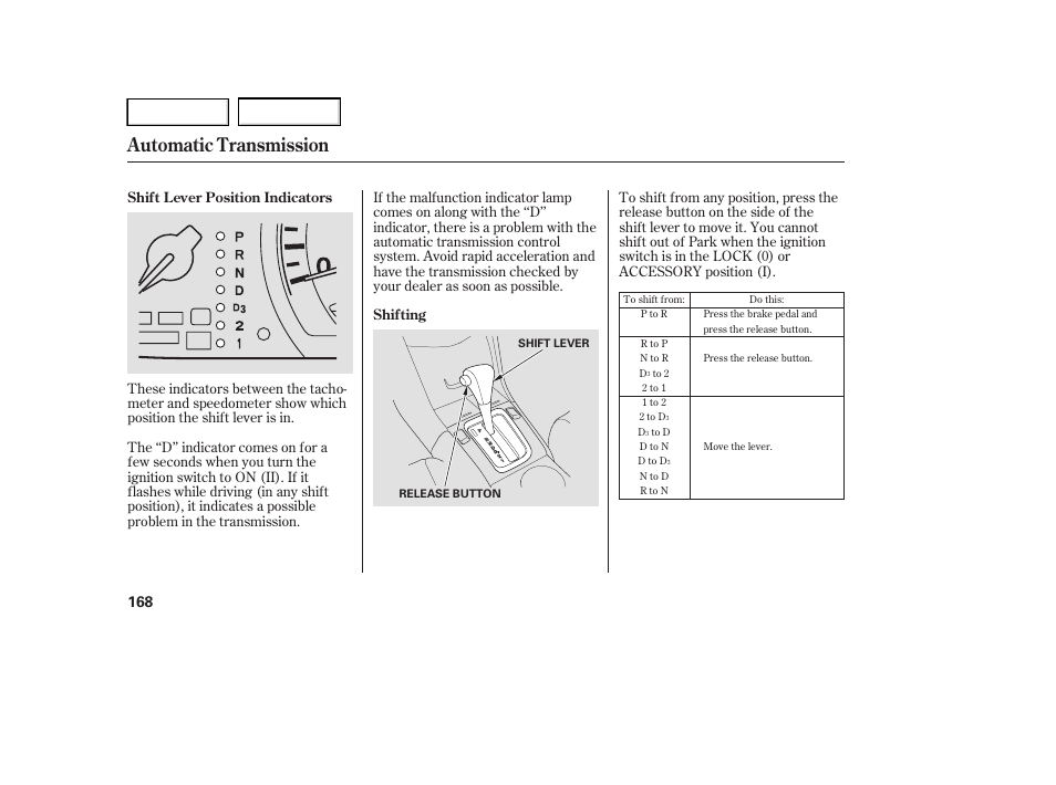 Automatic transmission | HONDA 2005 Accord Hybrid - Owner's Manual User Manual | Page 169 / 286