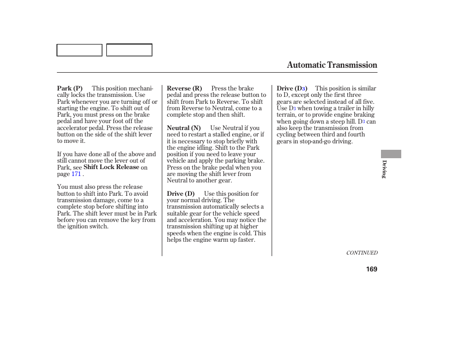 Automatic transmission | HONDA 2005 Accord Hybrid - Owner's Manual User Manual | Page 170 / 286