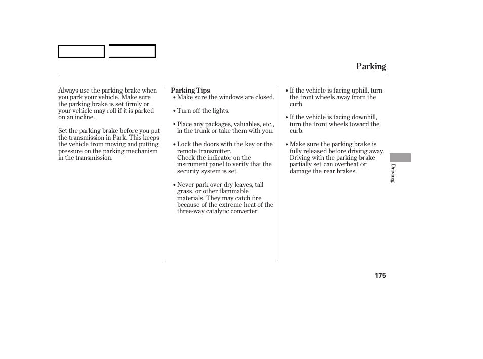 Parking | HONDA 2005 Accord Hybrid - Owner's Manual User Manual | Page 176 / 286