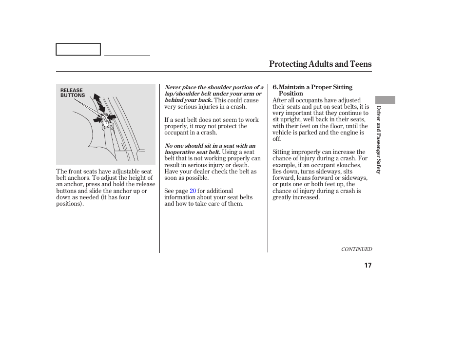 Protecting adults and teens | HONDA 2005 Accord Hybrid - Owner's Manual User Manual | Page 18 / 286