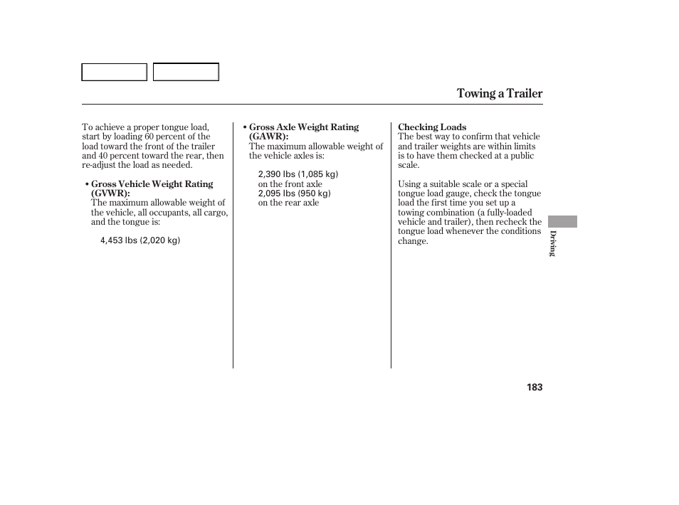 Towing a trailer | HONDA 2005 Accord Hybrid - Owner's Manual User Manual | Page 184 / 286