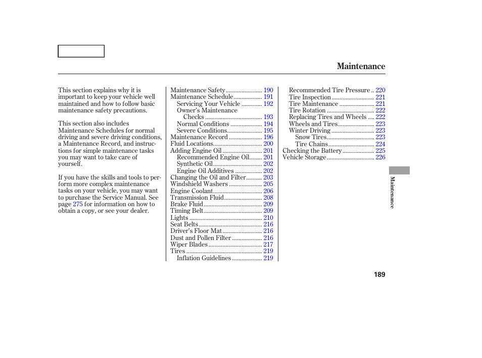 Maintenance | HONDA 2005 Accord Hybrid - Owner's Manual User Manual | Page 190 / 286