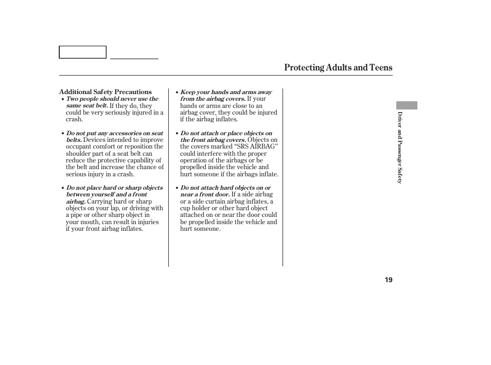 Protecting adults and teens | HONDA 2005 Accord Hybrid - Owner's Manual User Manual | Page 20 / 286