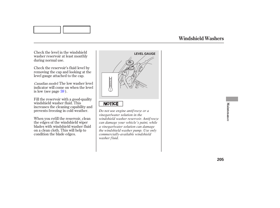 Windshield washers | HONDA 2005 Accord Hybrid - Owner's Manual User Manual | Page 206 / 286