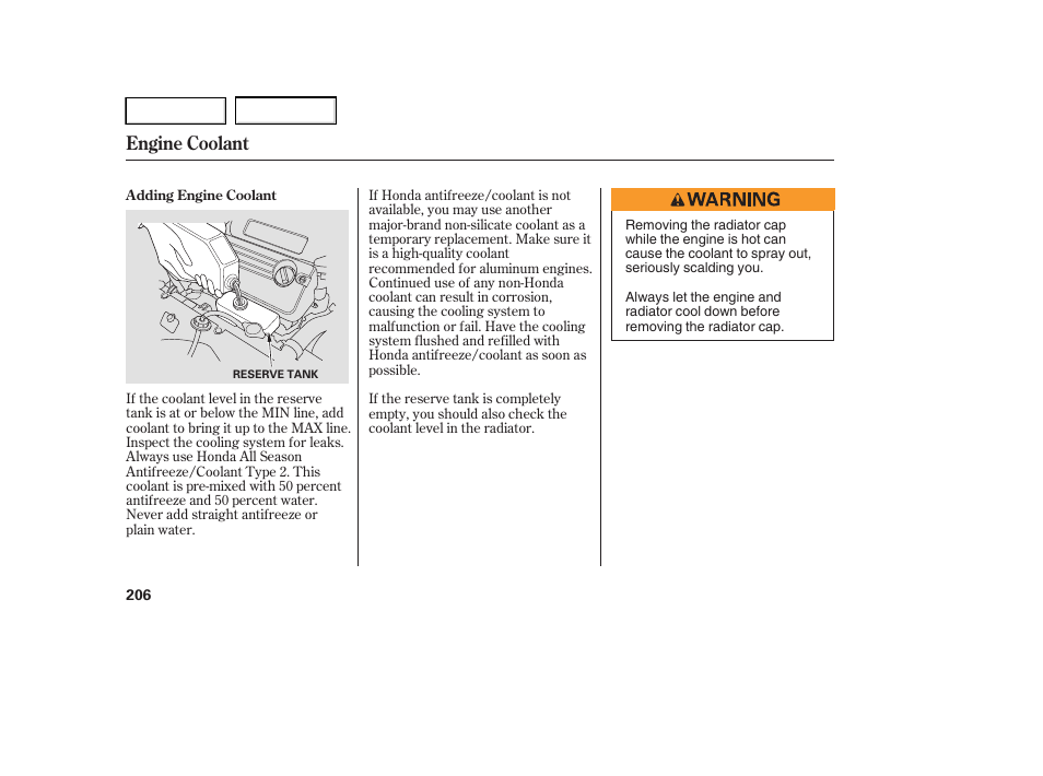 Engine coolant | HONDA 2005 Accord Hybrid - Owner's Manual User Manual | Page 207 / 286