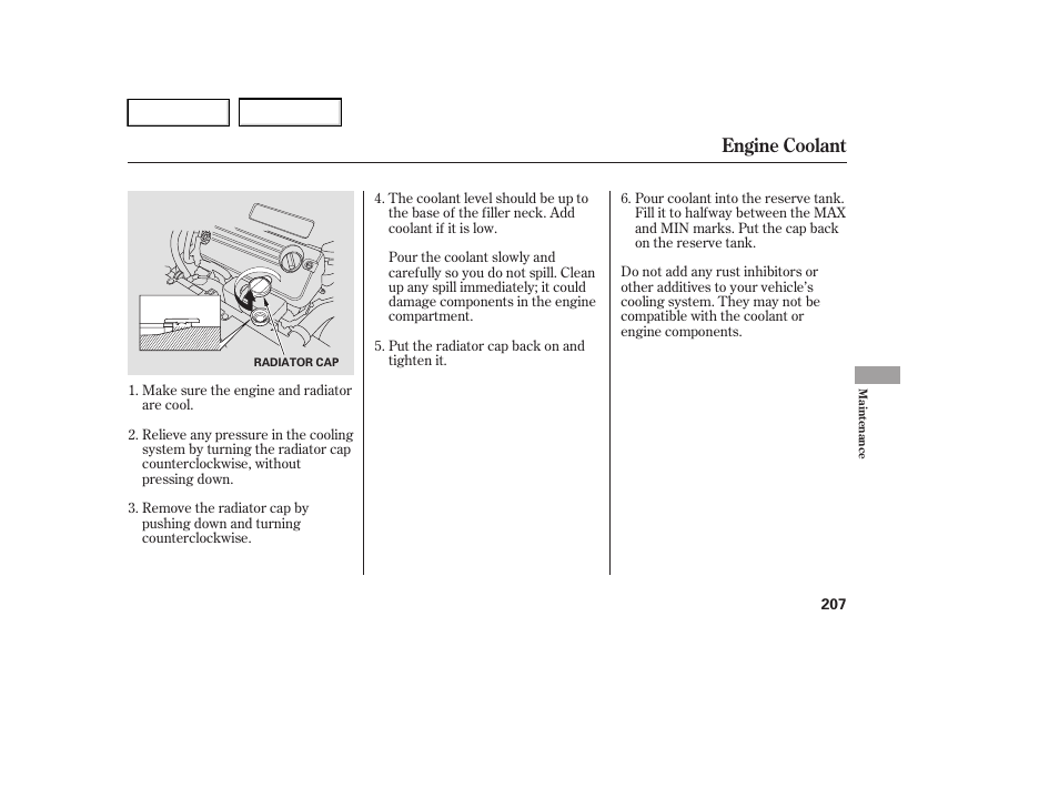 Engine coolant | HONDA 2005 Accord Hybrid - Owner's Manual User Manual | Page 208 / 286