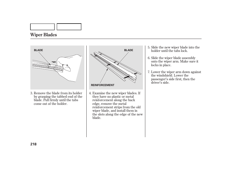Wiper blades | HONDA 2005 Accord Hybrid - Owner's Manual User Manual | Page 219 / 286