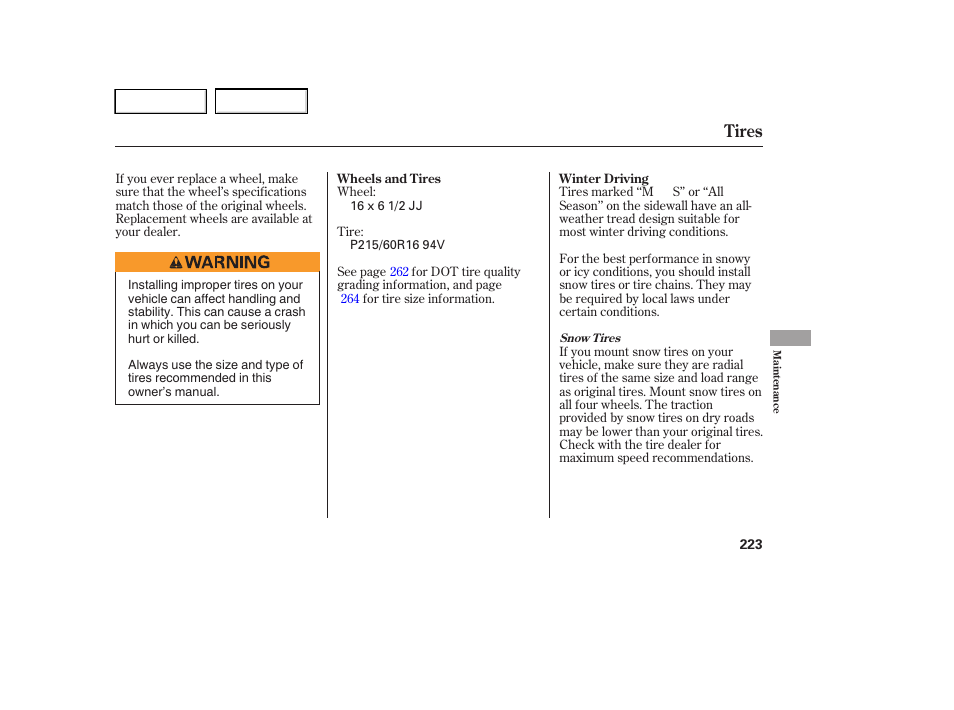 Tires | HONDA 2005 Accord Hybrid - Owner's Manual User Manual | Page 224 / 286