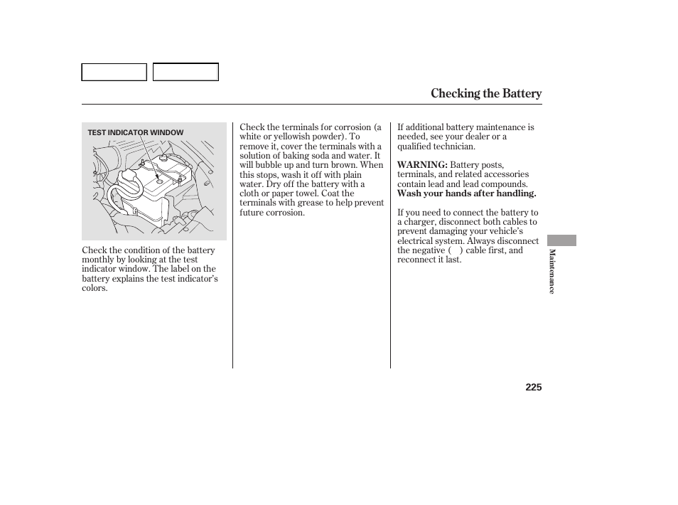 Checking the battery | HONDA 2005 Accord Hybrid - Owner's Manual User Manual | Page 226 / 286