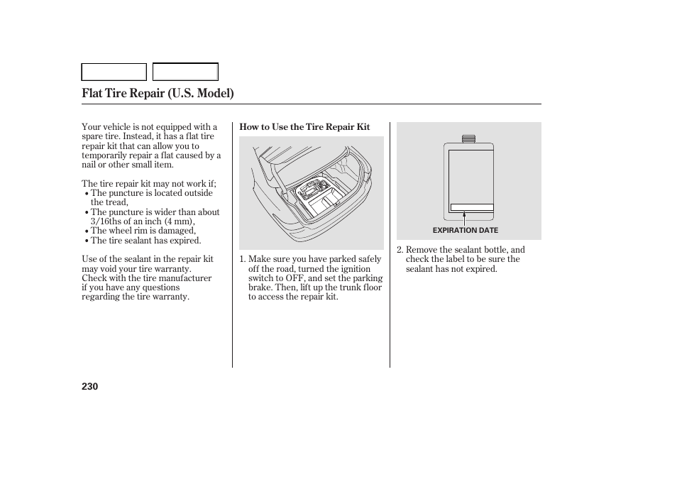 Flat tire repair (u.s. model) | HONDA 2005 Accord Hybrid - Owner's Manual User Manual | Page 231 / 286