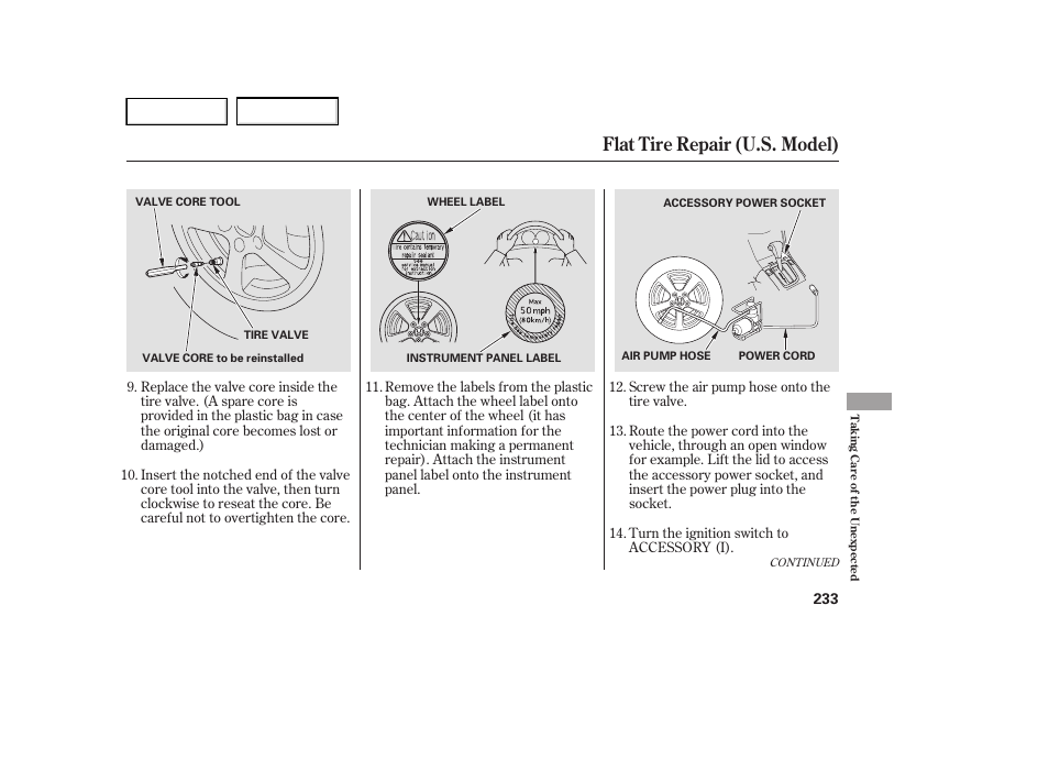 Flat tire repair (u.s. model) | HONDA 2005 Accord Hybrid - Owner's Manual User Manual | Page 234 / 286