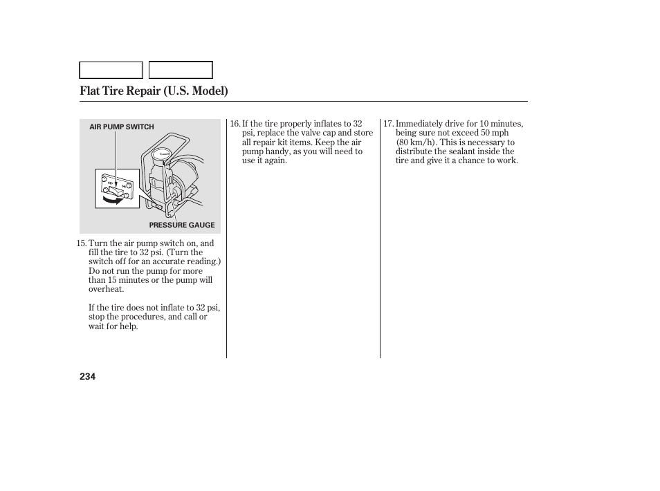 Flat tire repair (u.s. model) | HONDA 2005 Accord Hybrid - Owner's Manual User Manual | Page 235 / 286