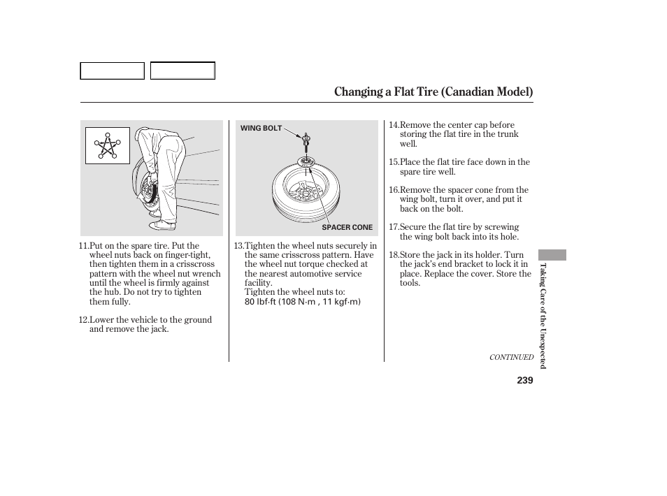 Changing a flat tire (canadian model) | HONDA 2005 Accord Hybrid - Owner's Manual User Manual | Page 240 / 286