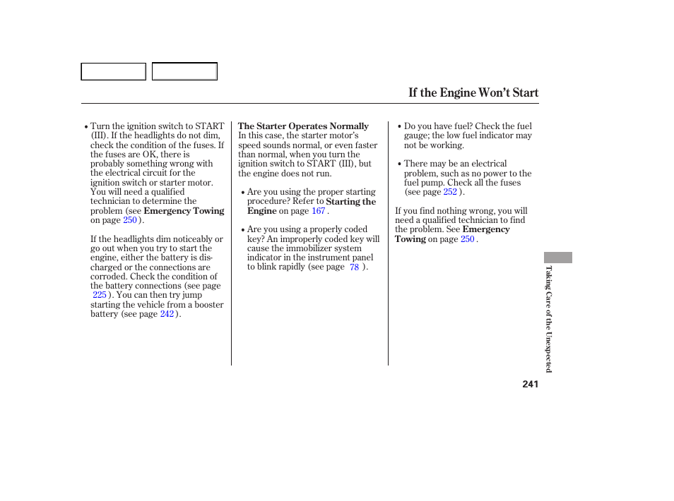 If the engine won’t start | HONDA 2005 Accord Hybrid - Owner's Manual User Manual | Page 242 / 286