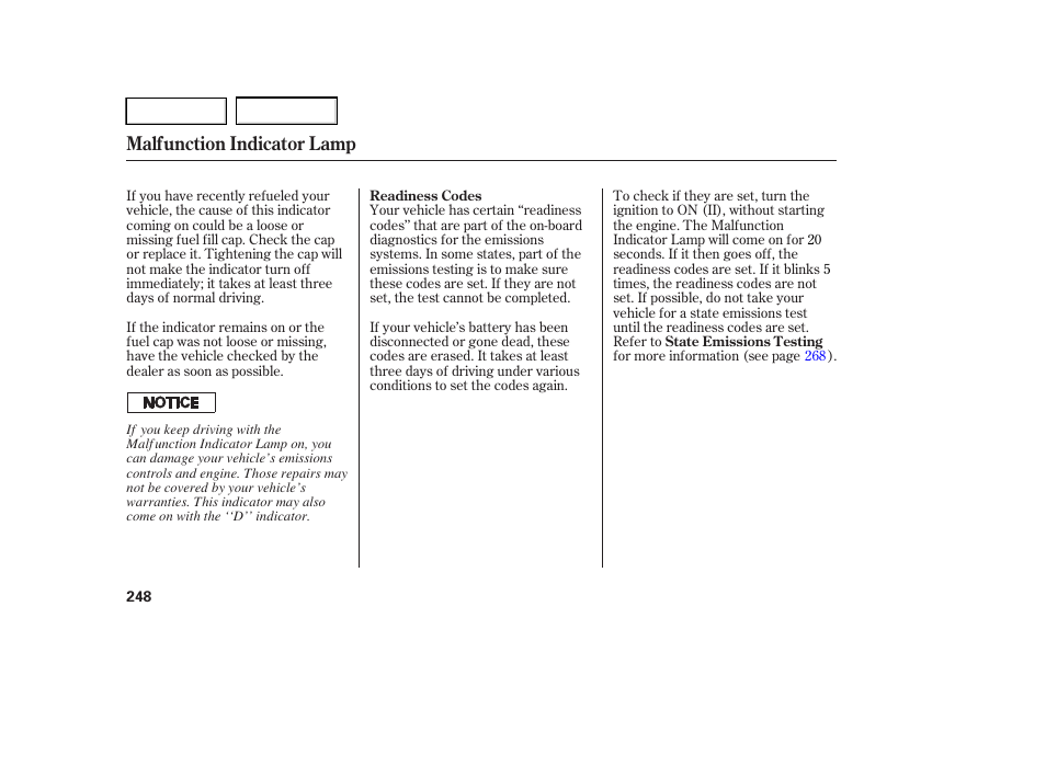 Malfunction indicator lamp | HONDA 2005 Accord Hybrid - Owner's Manual User Manual | Page 249 / 286