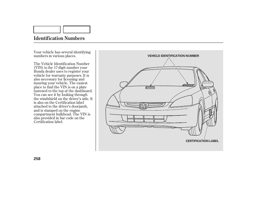 Identification numbers | HONDA 2005 Accord Hybrid - Owner's Manual User Manual | Page 259 / 286